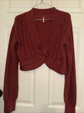 Free People Burgundy Cable-Knit Cropped‎ V-Neck Twist Sweater
